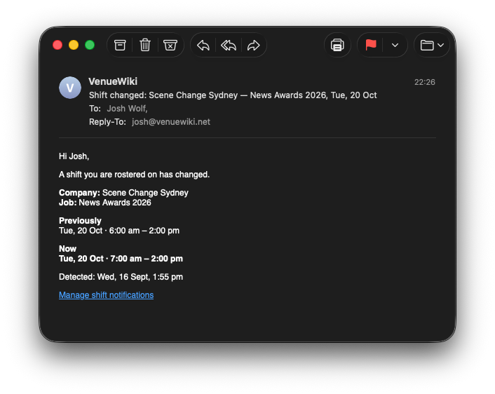 Shift changed email showing previous and new times