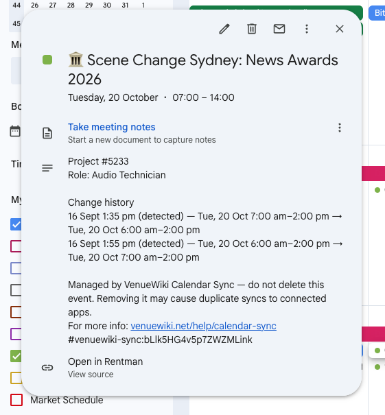 Google Calendar event showing the VenueWiki change history