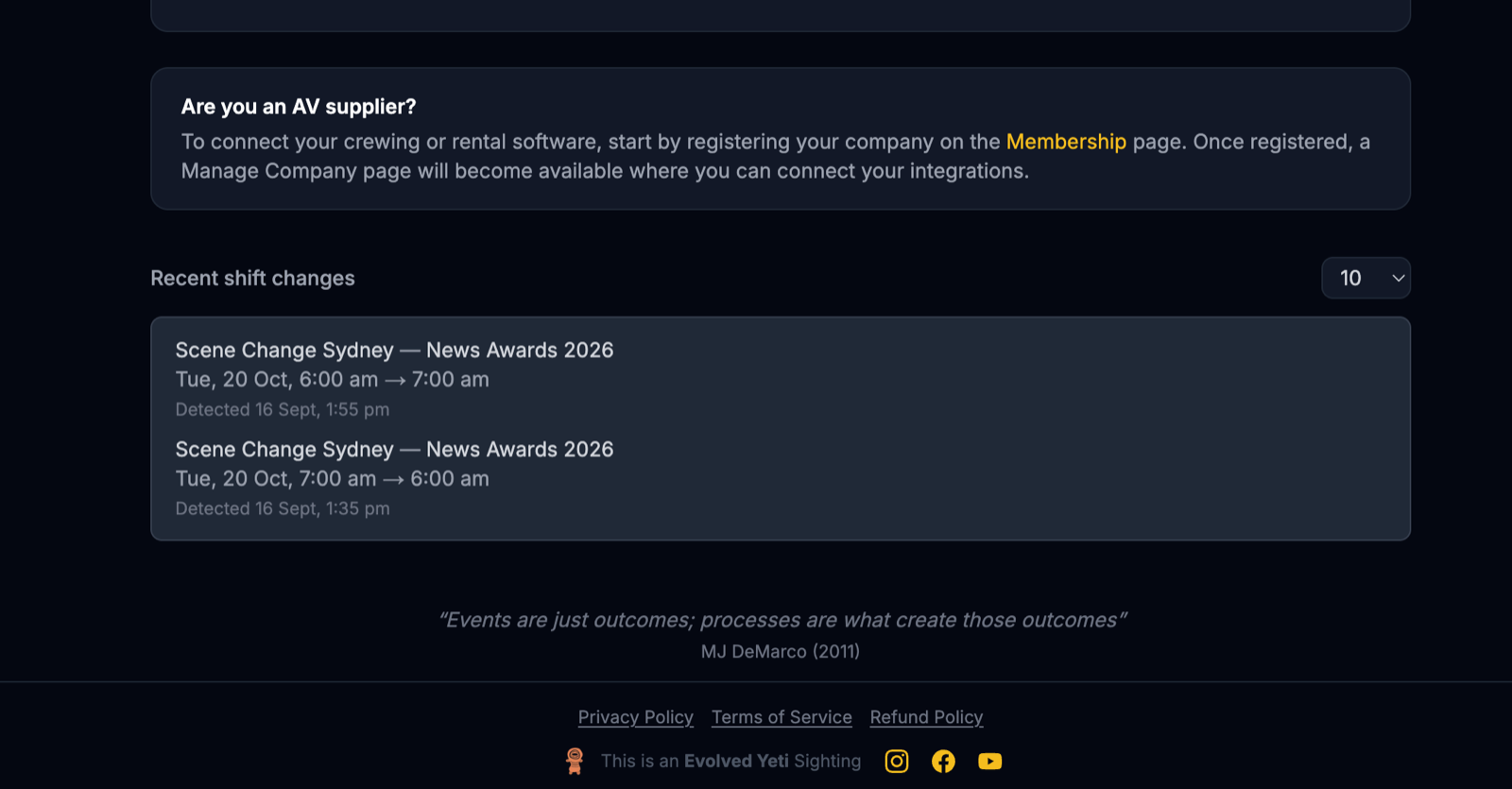 Recent shift changes list on the calendar-sync page